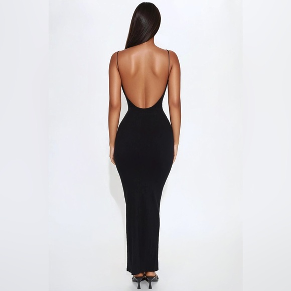 NWT Fashion Nova Dress M Lana Backless Stretch Linen Maxi Dress Elegant Black - Picture 3 of 3